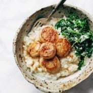 Brown Butter Scallops in a bowl with risotto and kale.