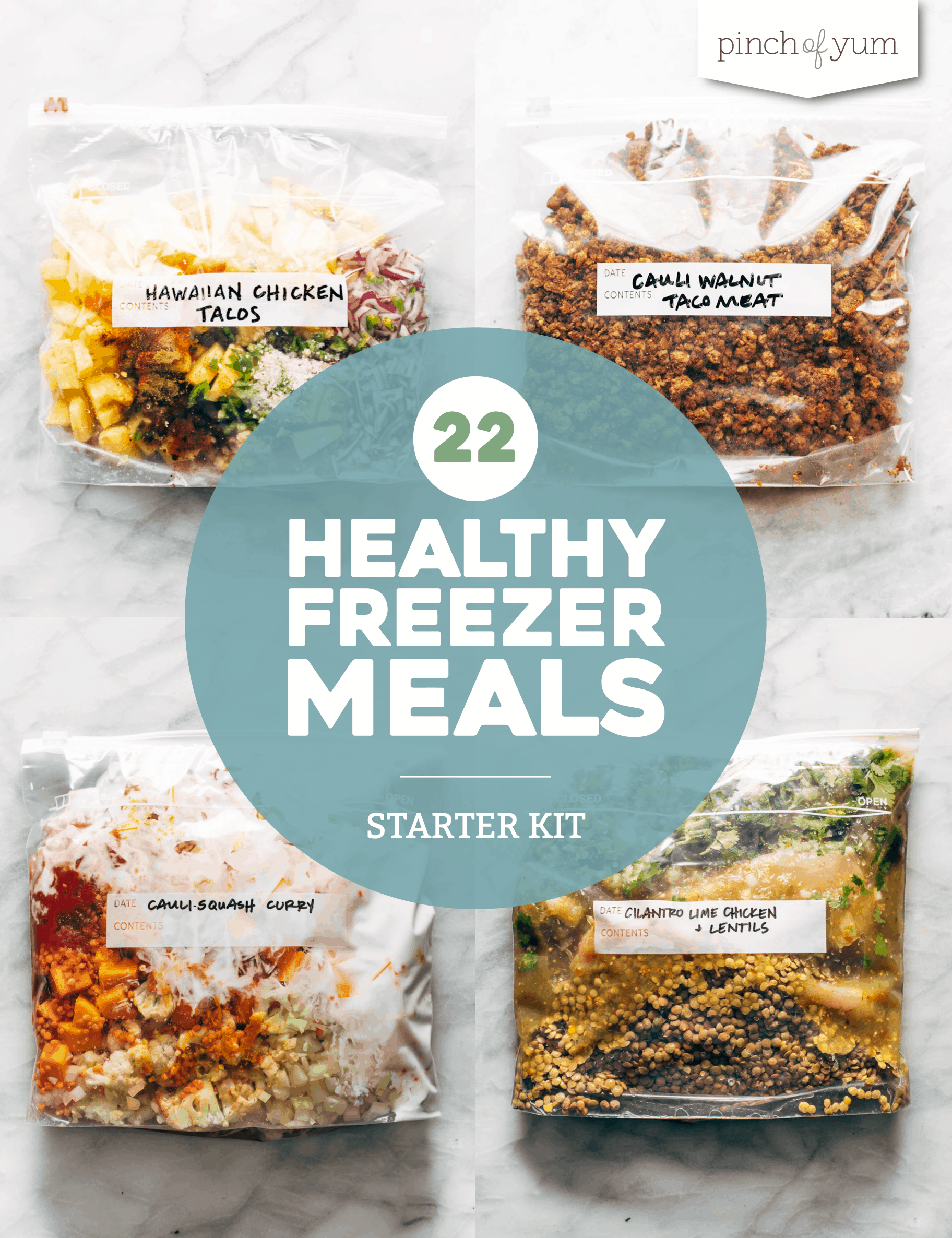 Bags of healthy foods set up as freezer meals.