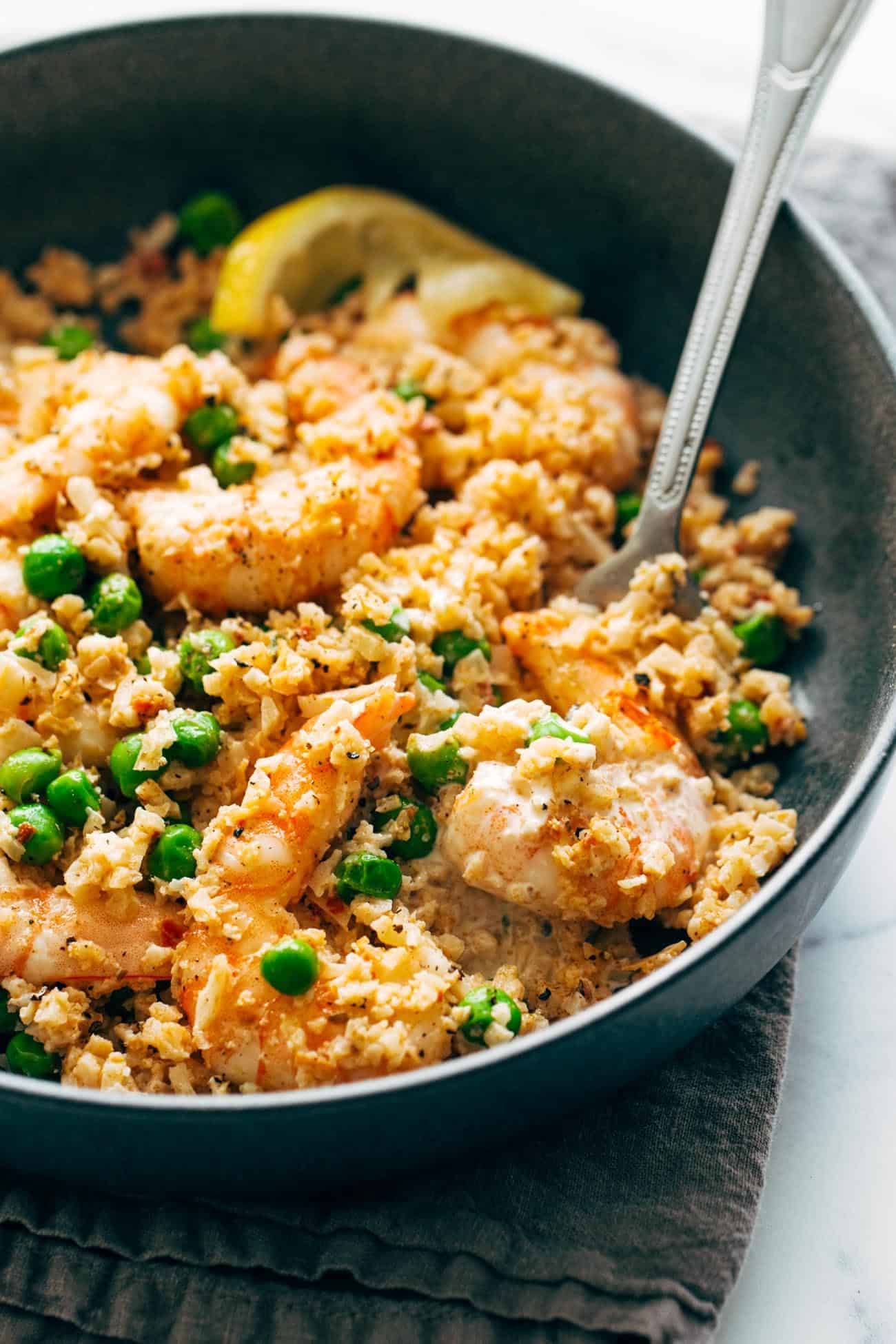 Sheet pan shrimp and cauliflower rice in a bowl