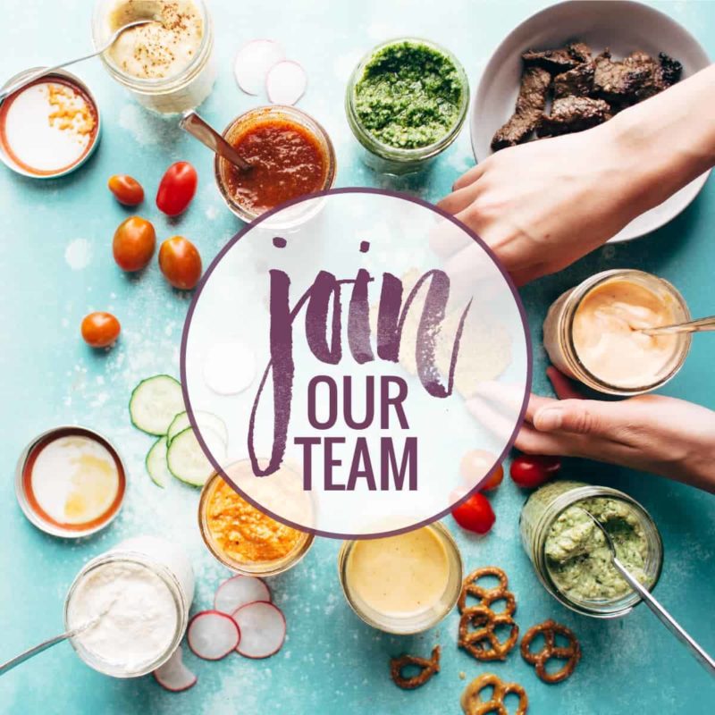 Food on a table with text that says "Join our team"