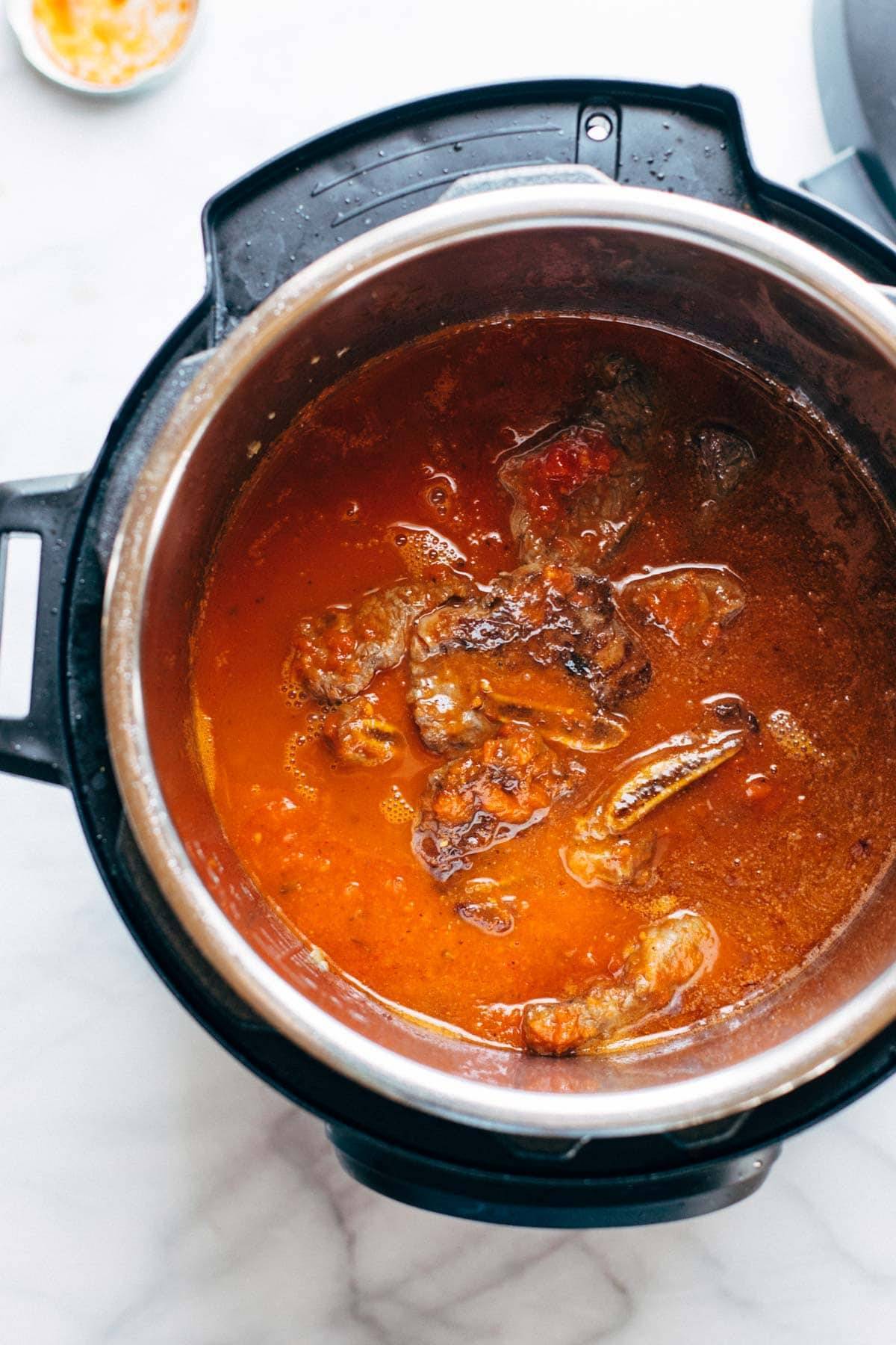 Short ribs with tomato sauce in an Instant Pot.