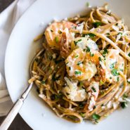 Garlic Butter White Wine Shrimp Linguine in a bowl with a fork.
