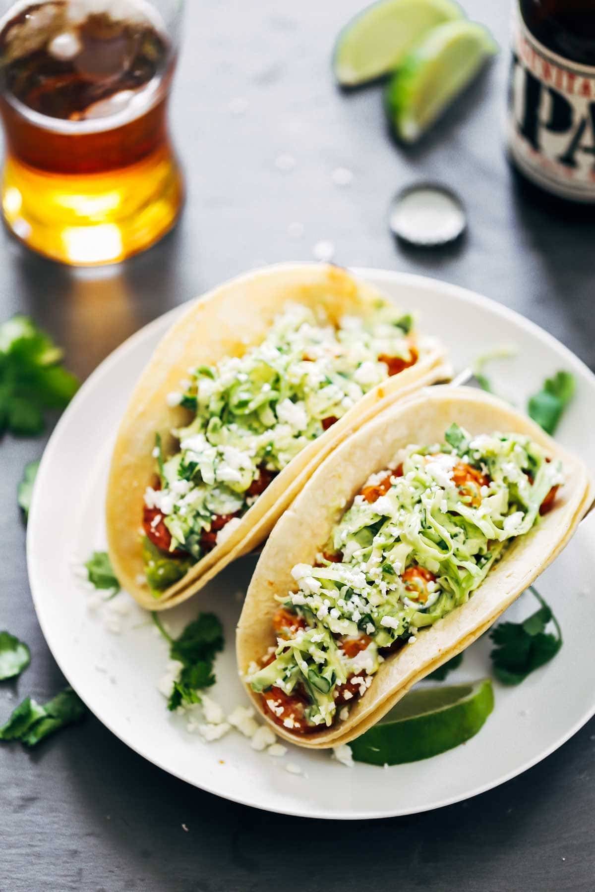 Spicy Shrimp Tacos with Garlic Cilantro Lime Slaw - Pinch of Yum