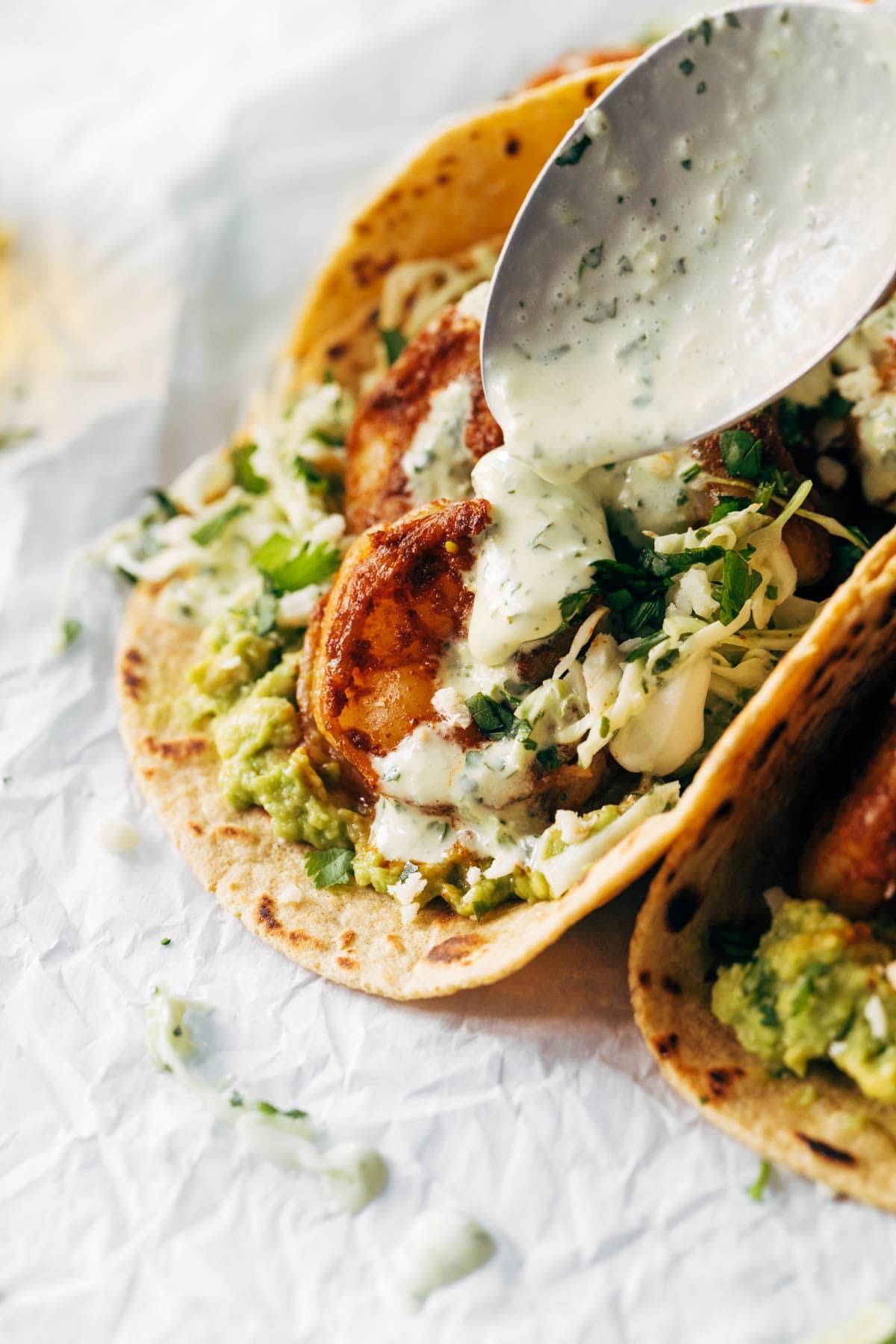 Spicy Shrimp Tacos with Garlic Cilantro Lime Slaw