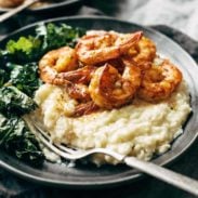 A picture of Spicy Shrimp with Cauliflower Mash and Garlic Kale