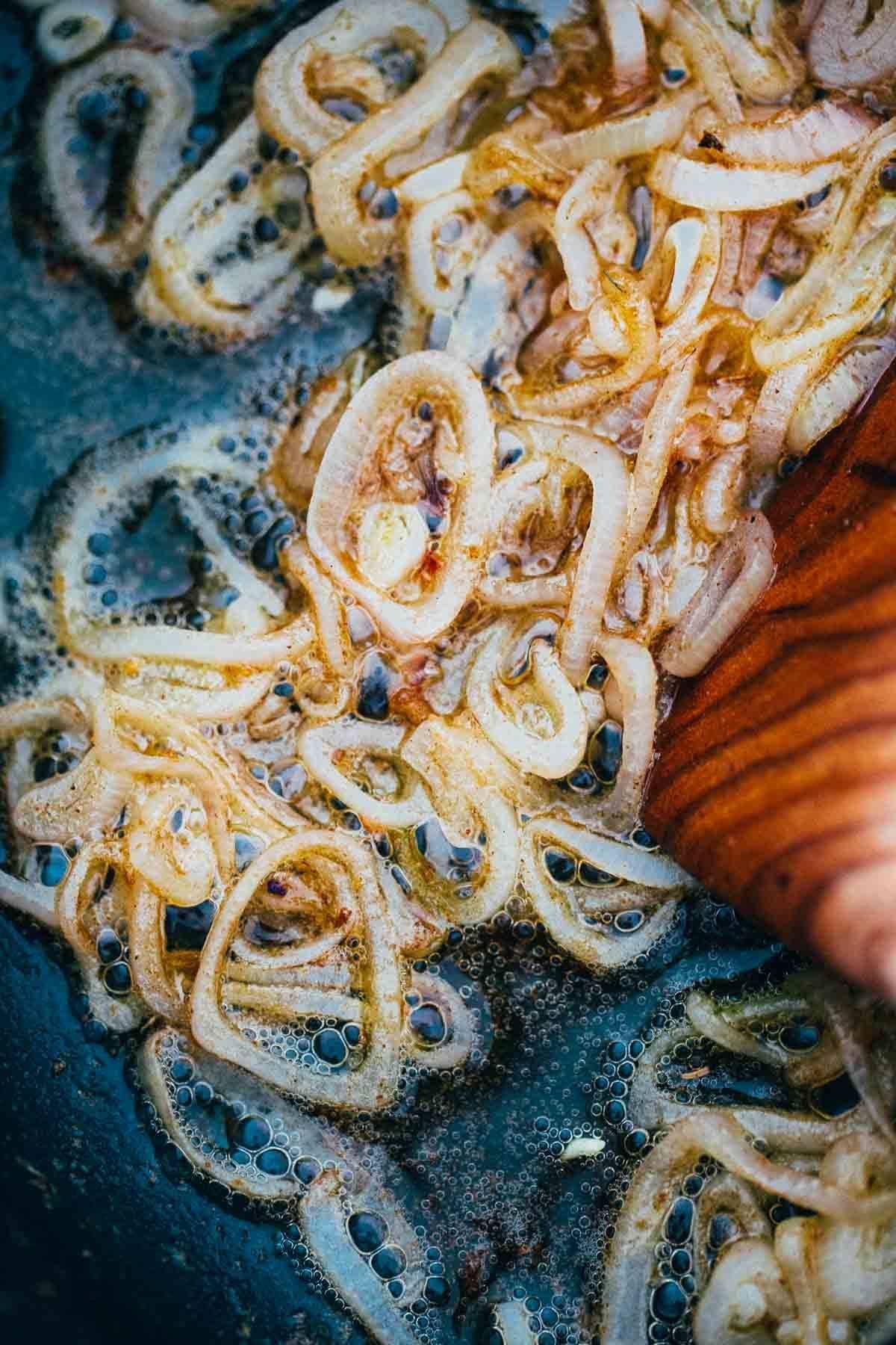 Onions in a skillet.