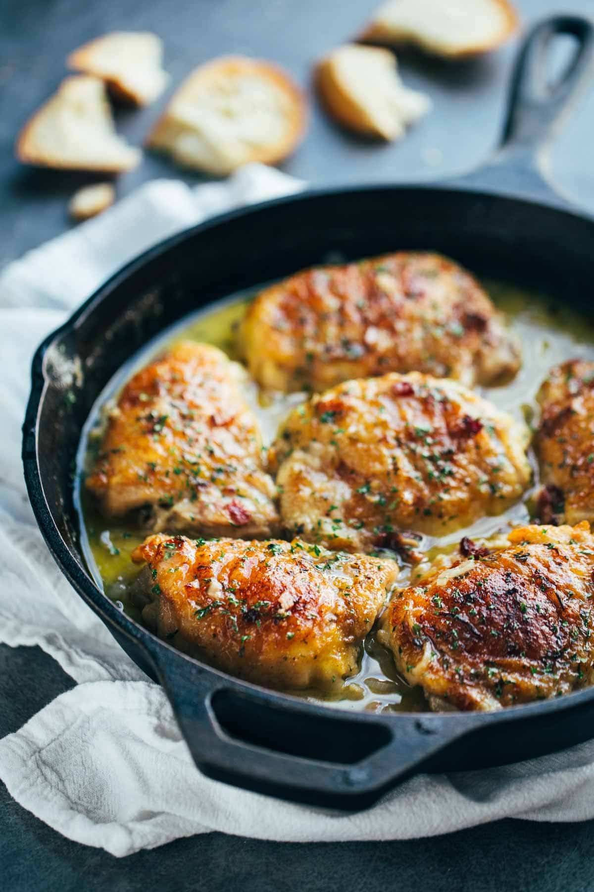 Skillet Chicken with Bacon and White Wine Sauce.