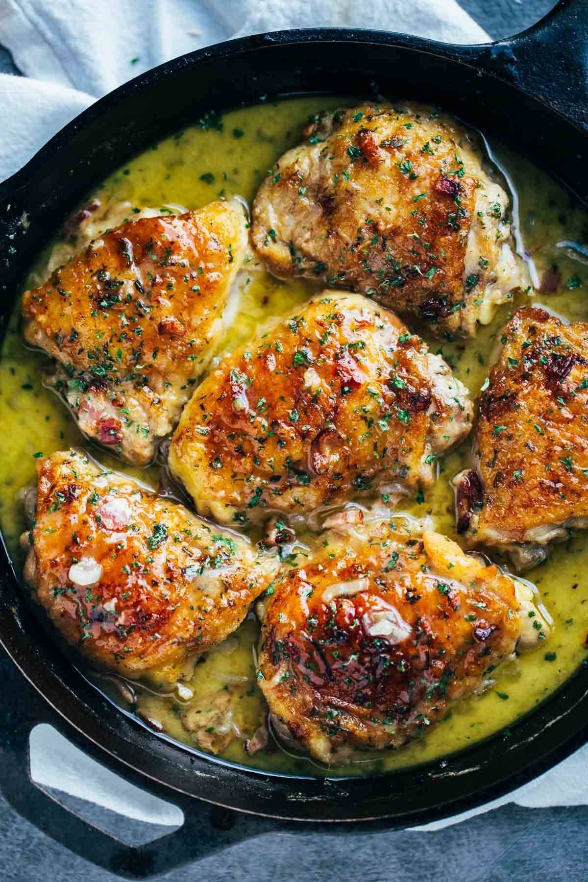 Skillet Chicken with Bacon and White Wine Sauce.