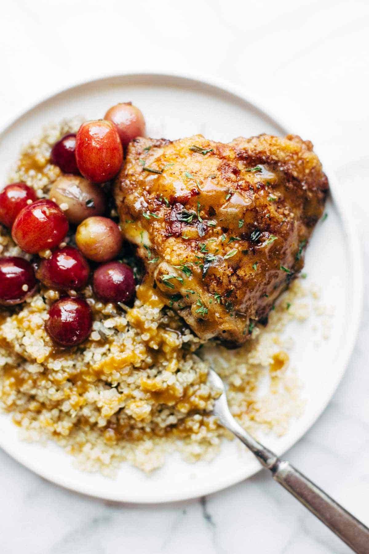 Skillet Chicken with Grapes and Caramelized Onions - an easy recipe that makes a perfect pair for a crisp green salad, quinoa, or fresh bread! | pinchofyum.com