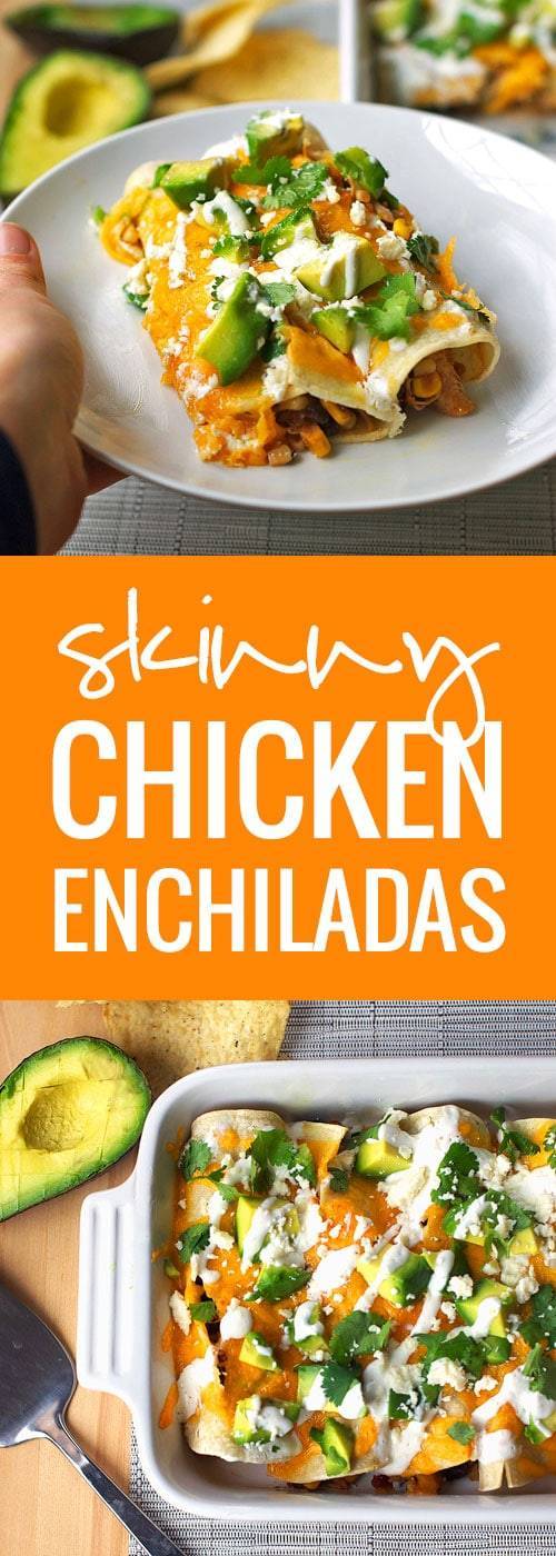 Skinny Chicken Enchilada - Super easy and super healthy. Throw ingredients in the crockpot and roll together. Top it off with melted cheese, avocado, crema, and more Cotija cheese.