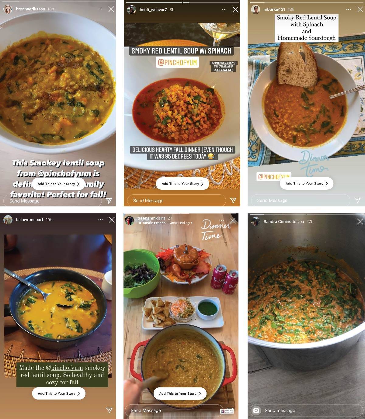 Instagram screenshots of POY readers making the Smoky Red Lentil Soup recipe.