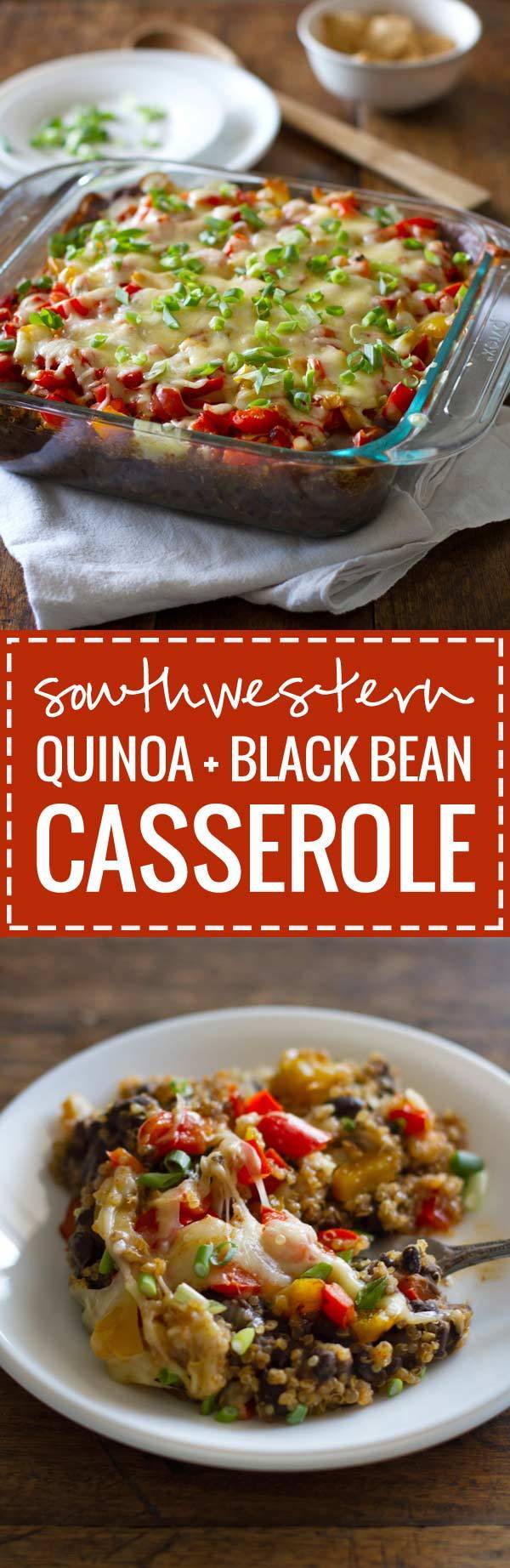 This Southwestern quinoa and black bean casserole is a delicious and healthy way to enjoy Mexican comfort food! Just 240 calories per serving.