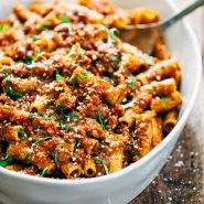 Spicy Sausage Rigatoni in a serving dish.