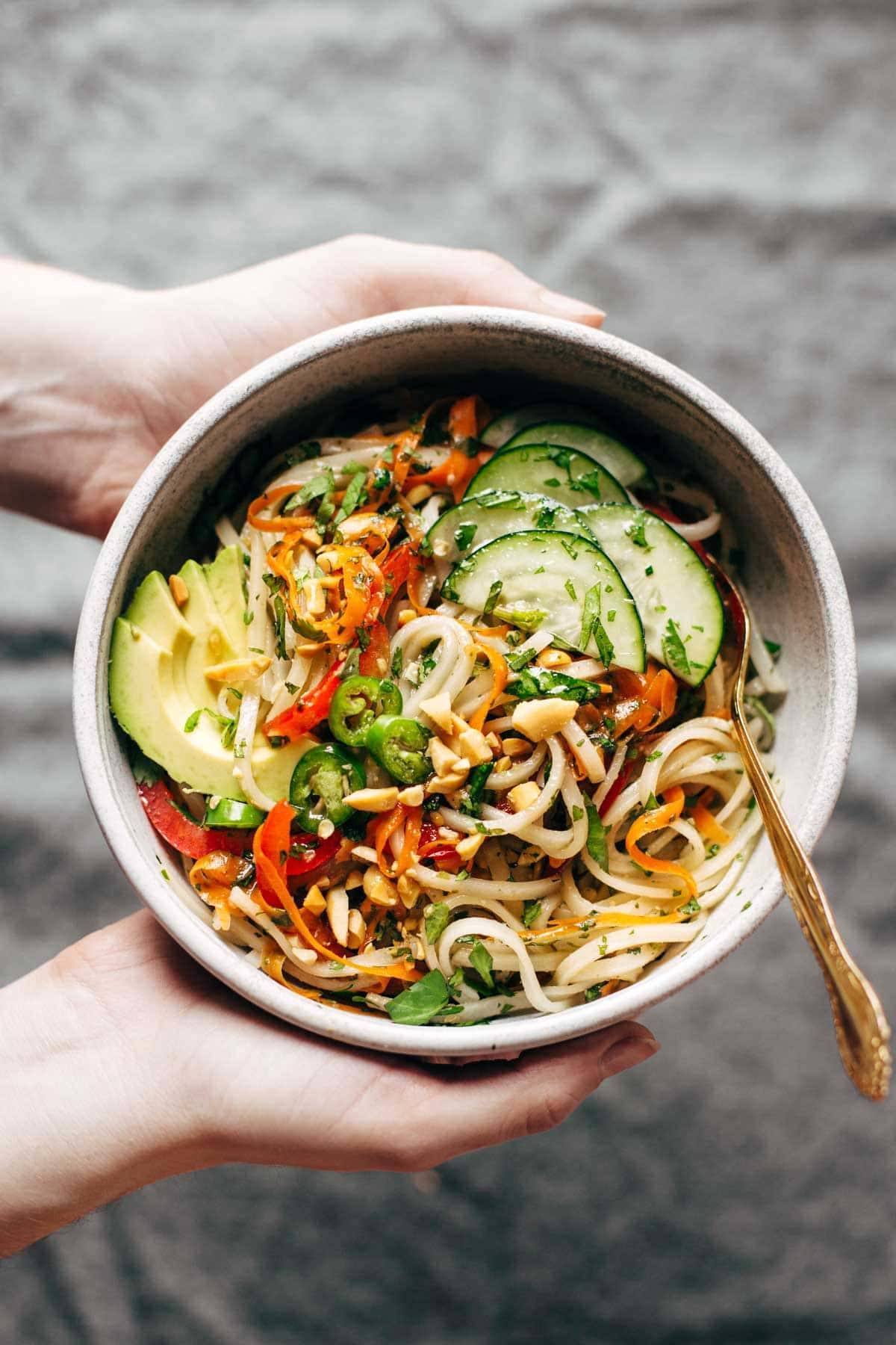 Spring roll bowl with a fork.