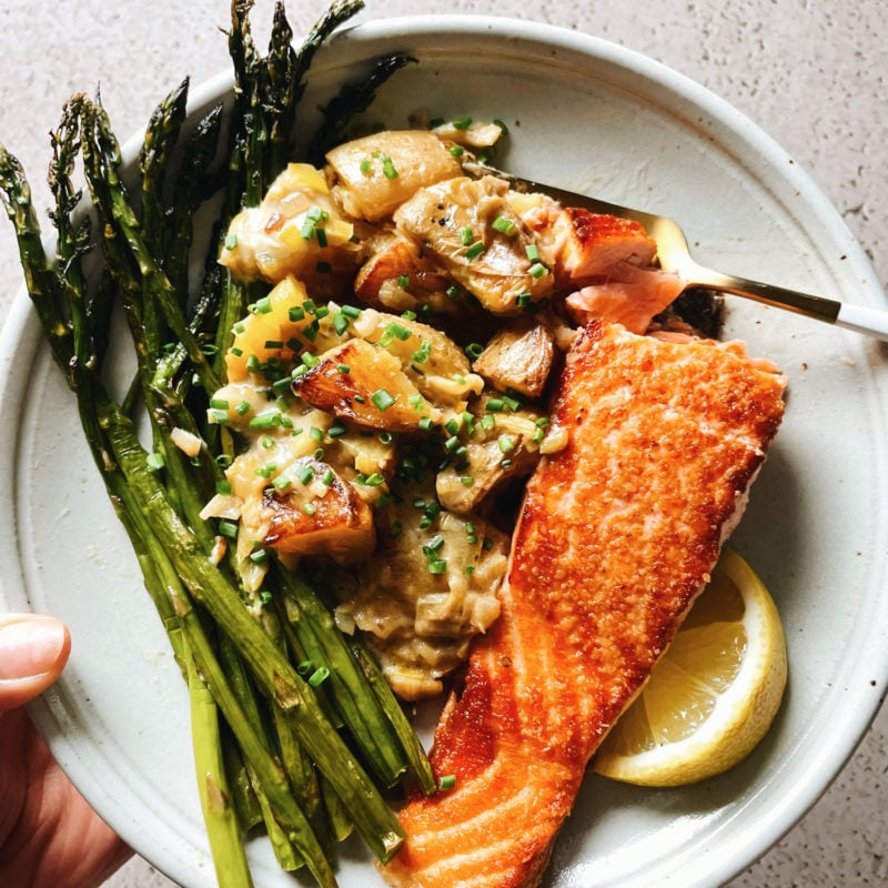 A picture of Spring Salmon with Creamed Leeks, Potatoes, and Asparagus