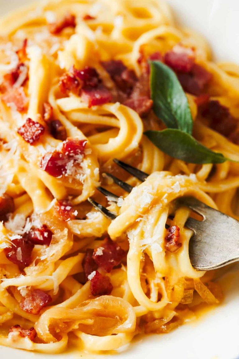 Creamy Squash Fettuccine with Caramelized Onion and Pancetta Recipe