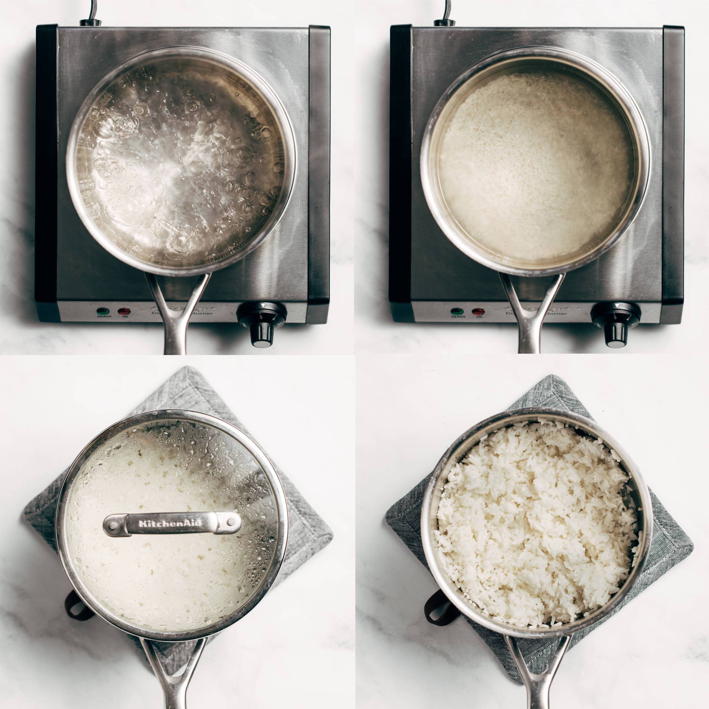Grid of four photos showing how to cook white rice on the stovetop. 