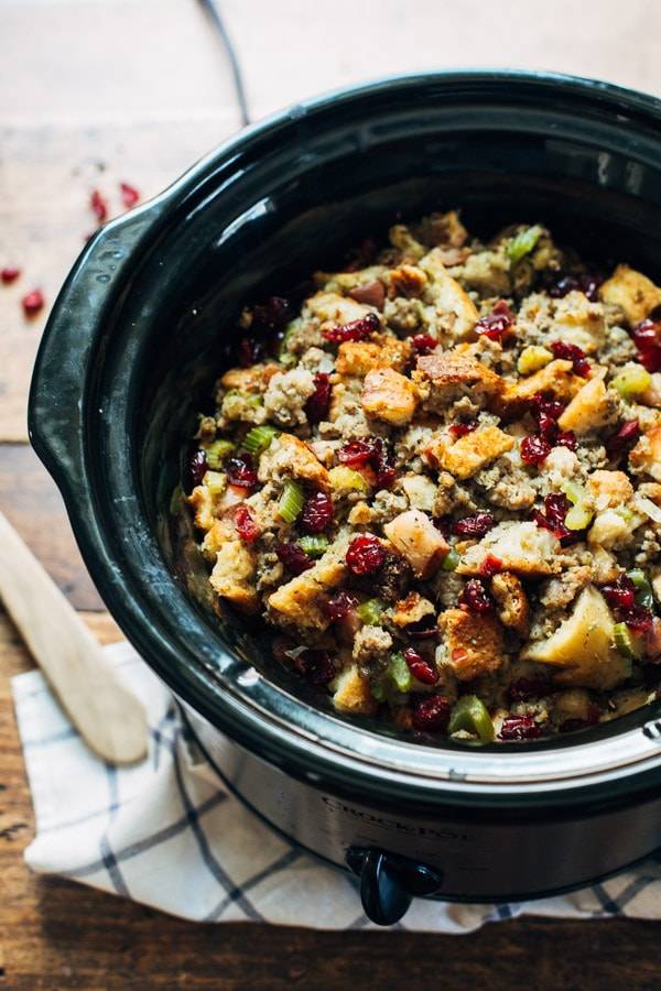 Slow cooker pear and sausage stuffing.