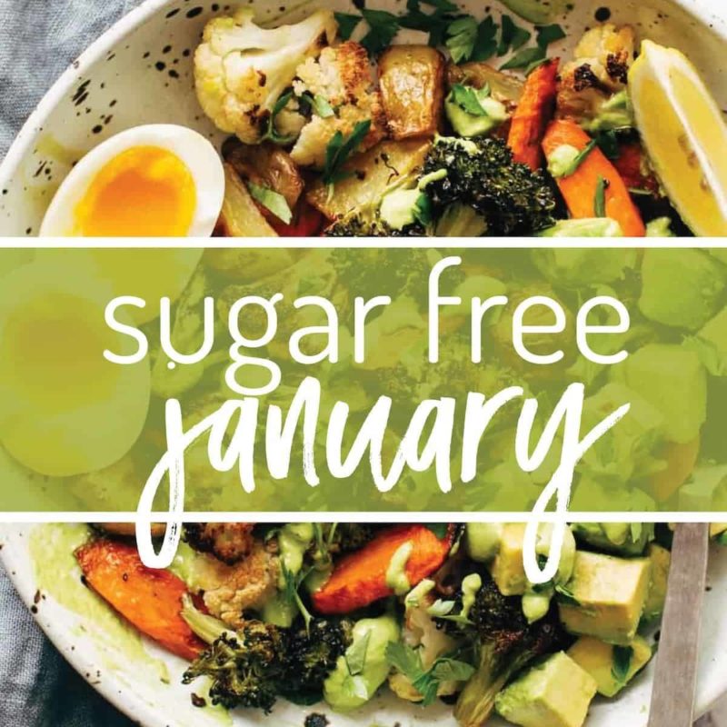 A bowl filled with various vegetables and eggs with a text written over it "Sugar Free January"