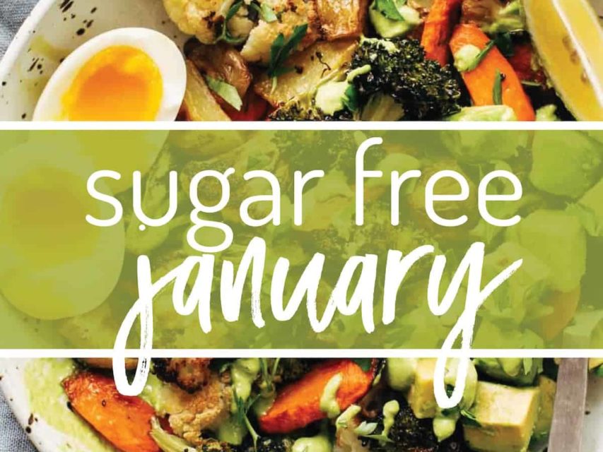 A bowl filled with various vegetables and eggs with a text written over it "Sugar Free January"