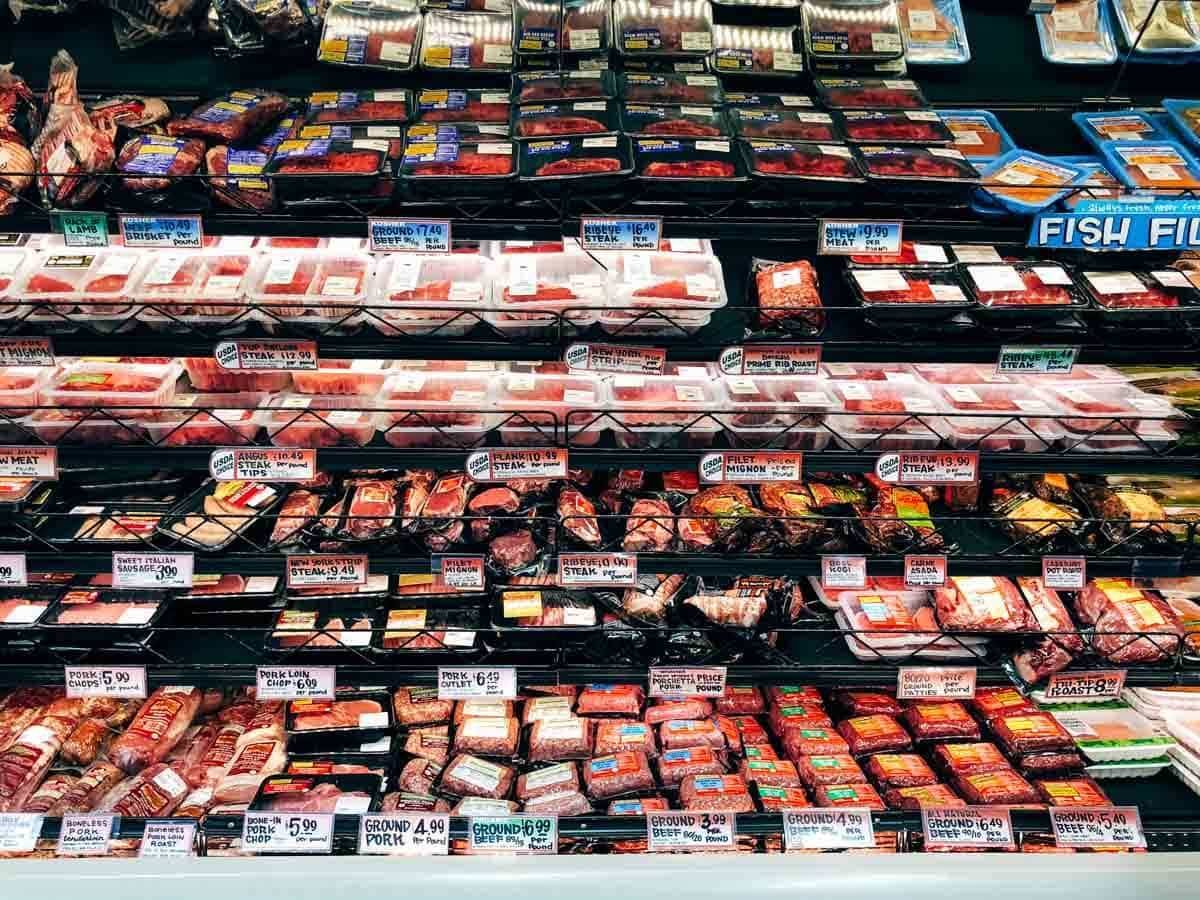 rows of raw meats
