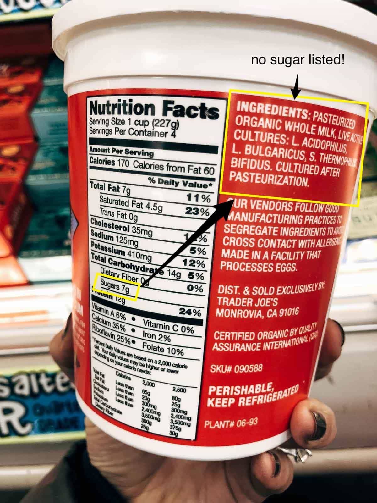 yogurt container with nutrition facts