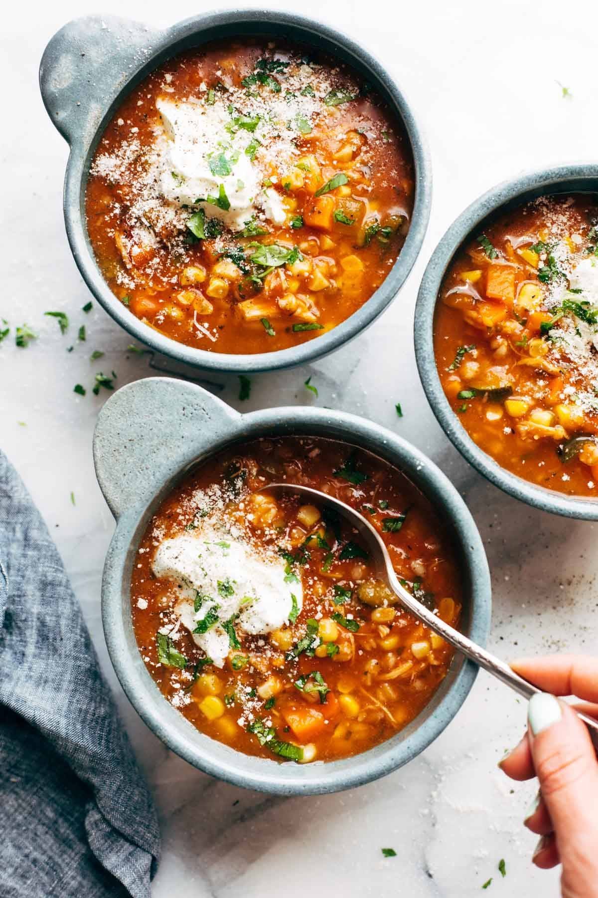 Instant Pot Summer Soup in bowls with Greek yogurt.