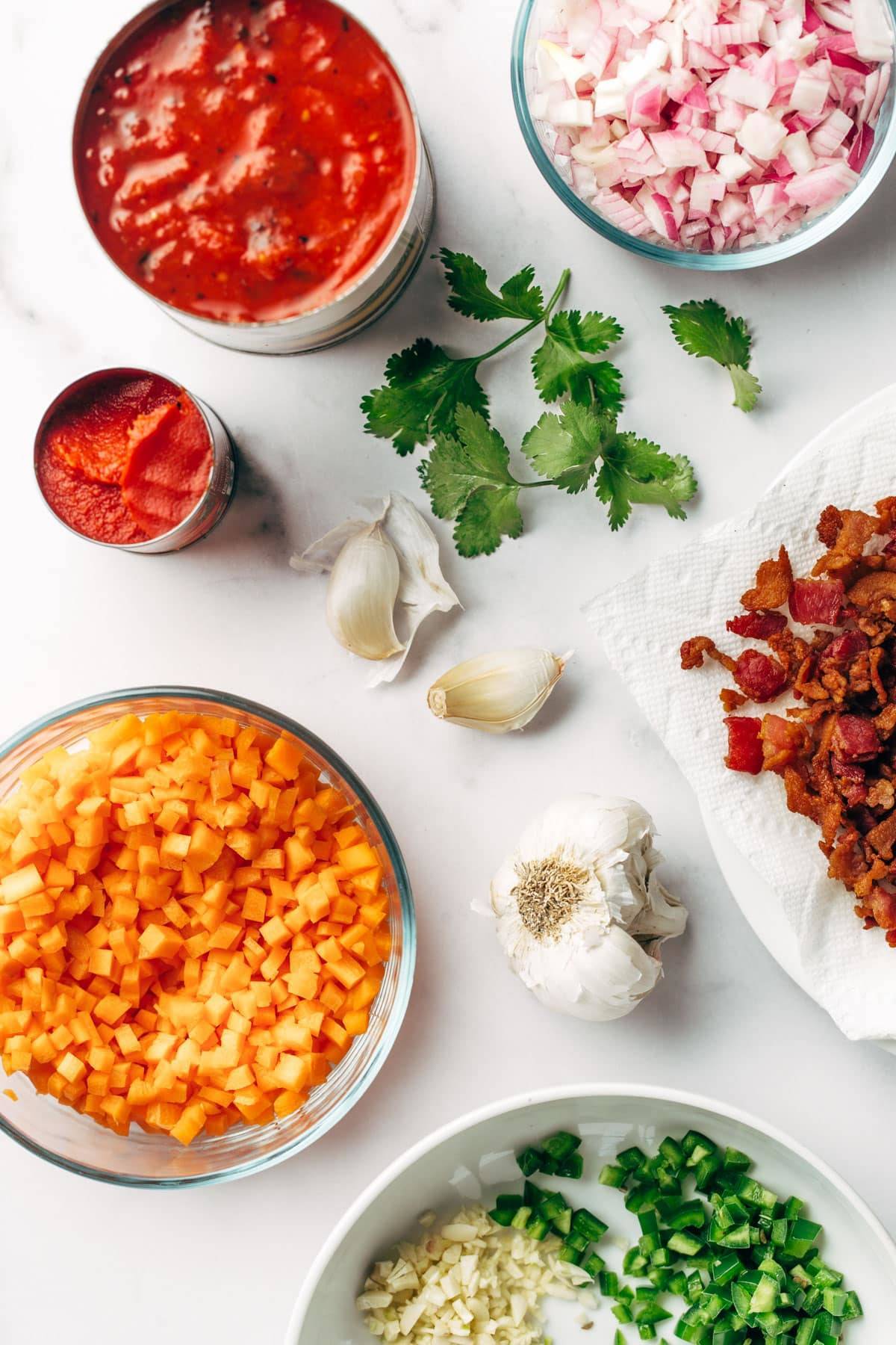 Ingredients in bowls for chili.