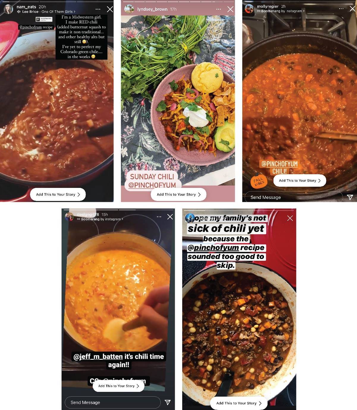 Instagram screenshots of readers making the Sunday Chili recipe.