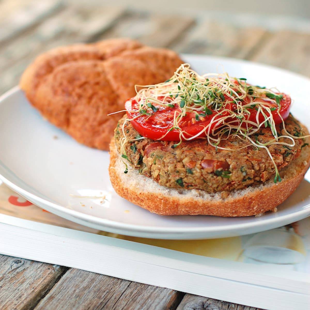 Bean burgers with pinto beans, almonds, and sunflower seeds.