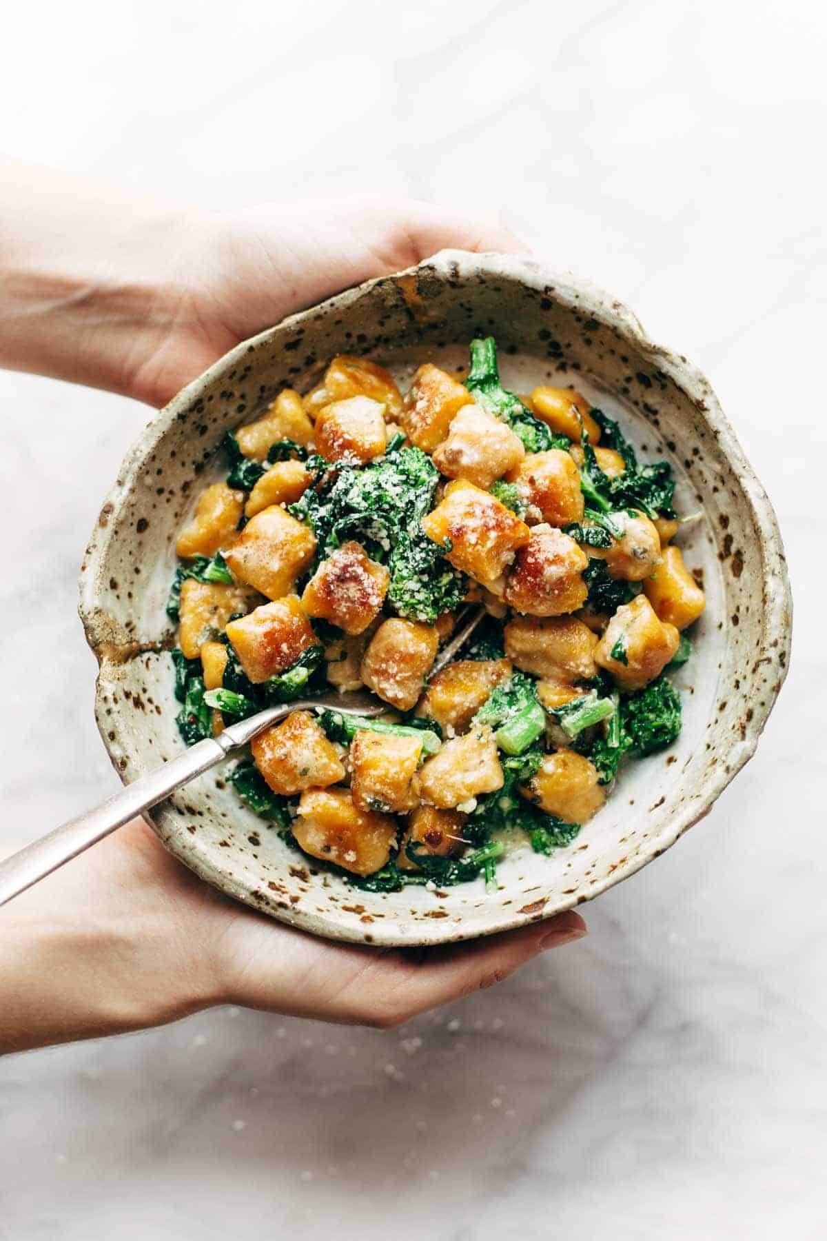 Sweet Potato Gnocchi in a bowl with a fork
