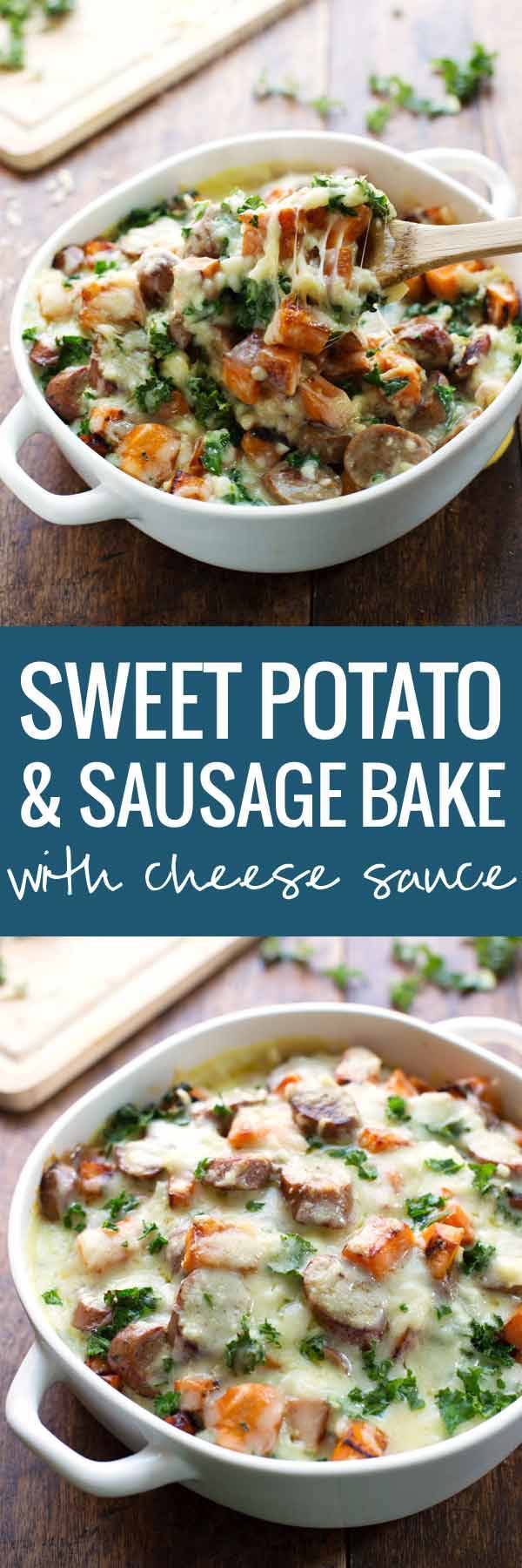Sweet Potato, Kale, and Sausage Bake with White Cheese Sauce - comfort food featuring a handful of pantry staples and a few super healthy ingredients. | pinchofyum.com