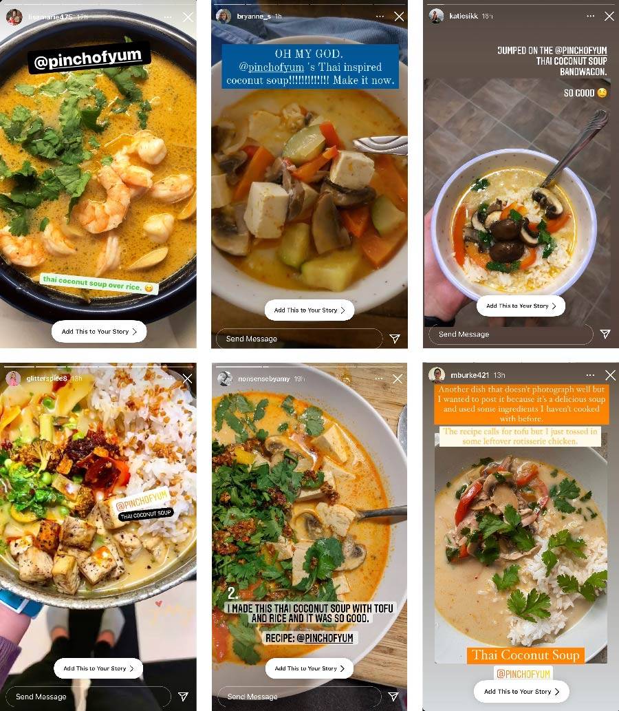 Instagram screenshots of the Thai Coconut Soup recipe.