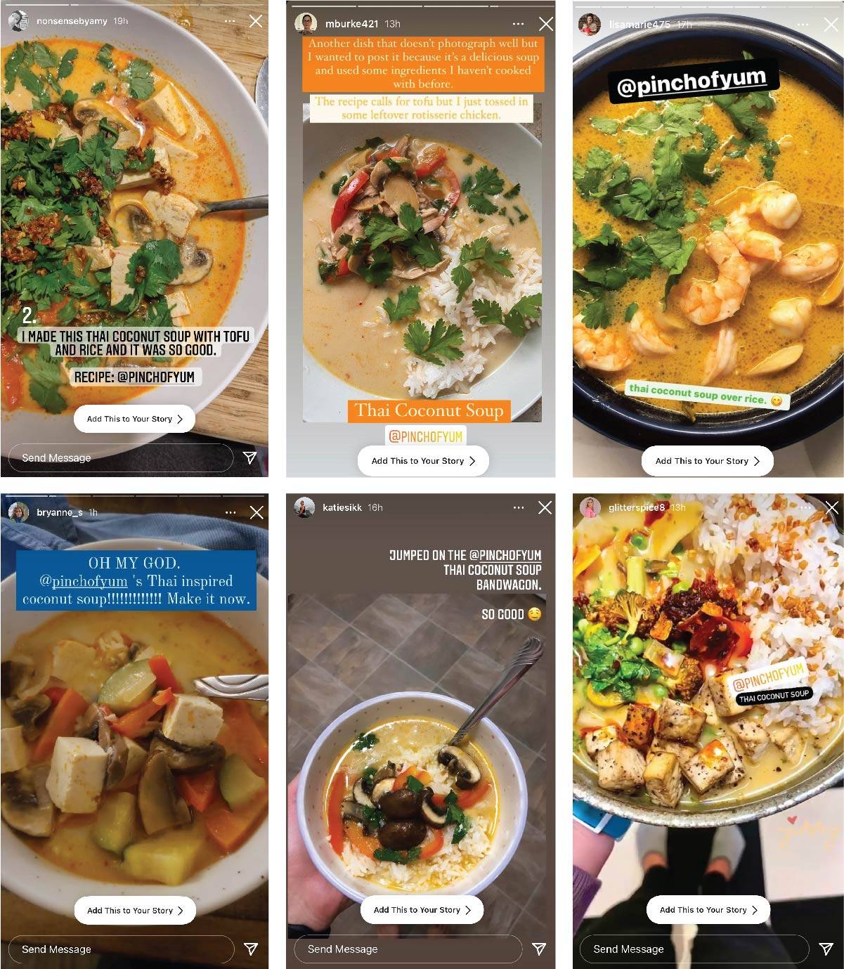Instagram screenshots of POY readers making the Thai Coconut Soup recipe.