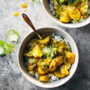Thai Yellow Curry with Beef and Potatoes in bowls.