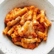 The large rustic bowl of cheesy tomato sauce ziti.