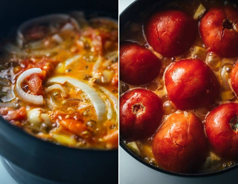 Onions and tomatoes in a skillet.