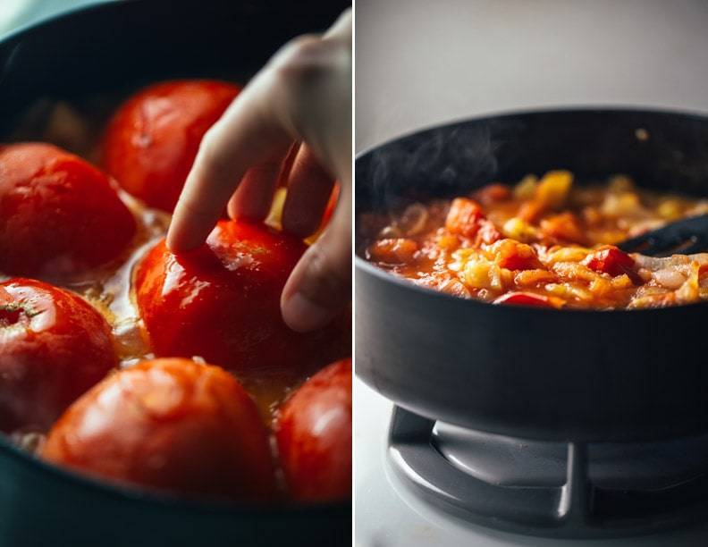 Tomatoes in a skillet on the stove.