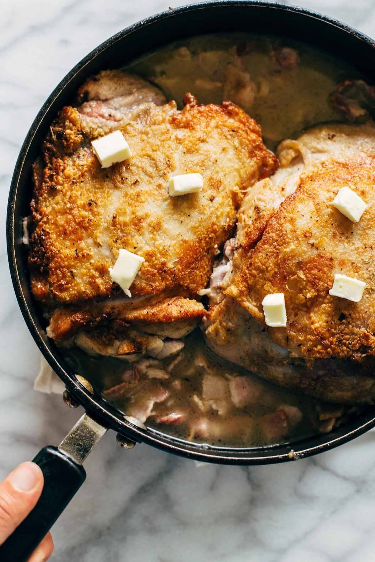 Skillet Turkey with Bacon and White Wine - a simple holiday meal featuring everyone's faves: shallots, butter, white wine, and bacon! | pinchofyum.com