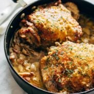 Skillet Turkey with Bacon and White Wine in a pan.