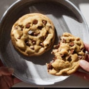 Two giant chocolate chip cookies on a plate.