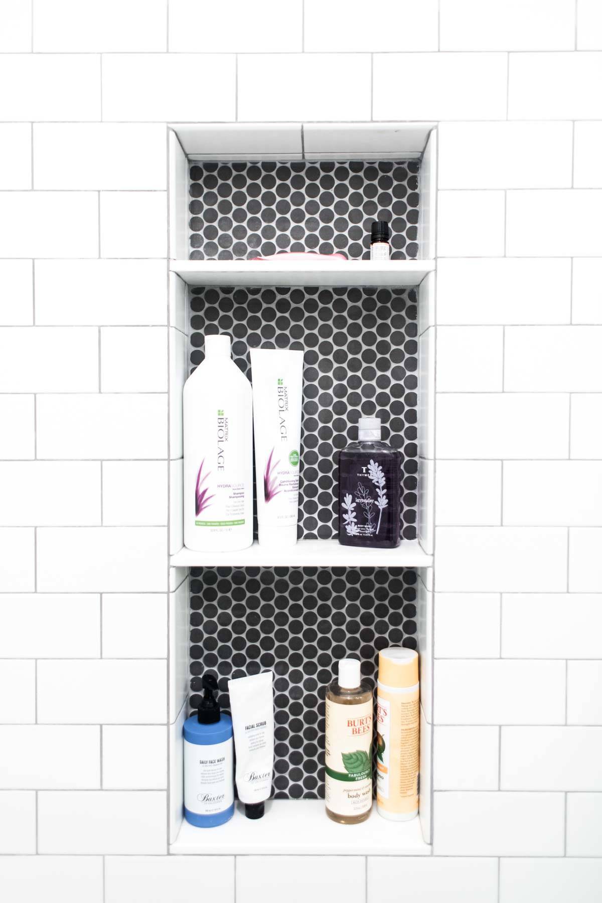 Shelves in a shower.