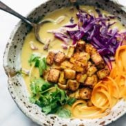 Coconut Curry Soup in a bowl with tofu.