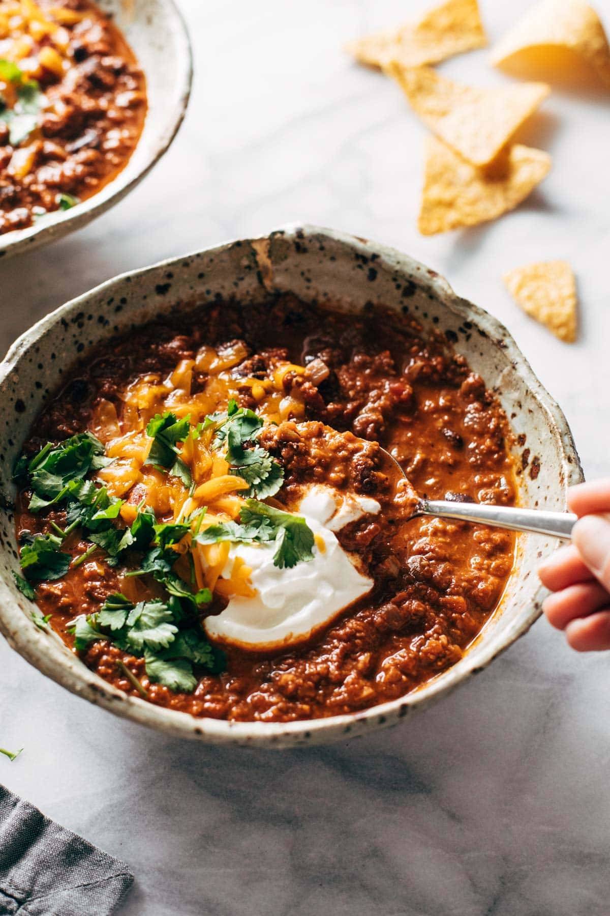 Veggie Chili with toppings in a bowl.