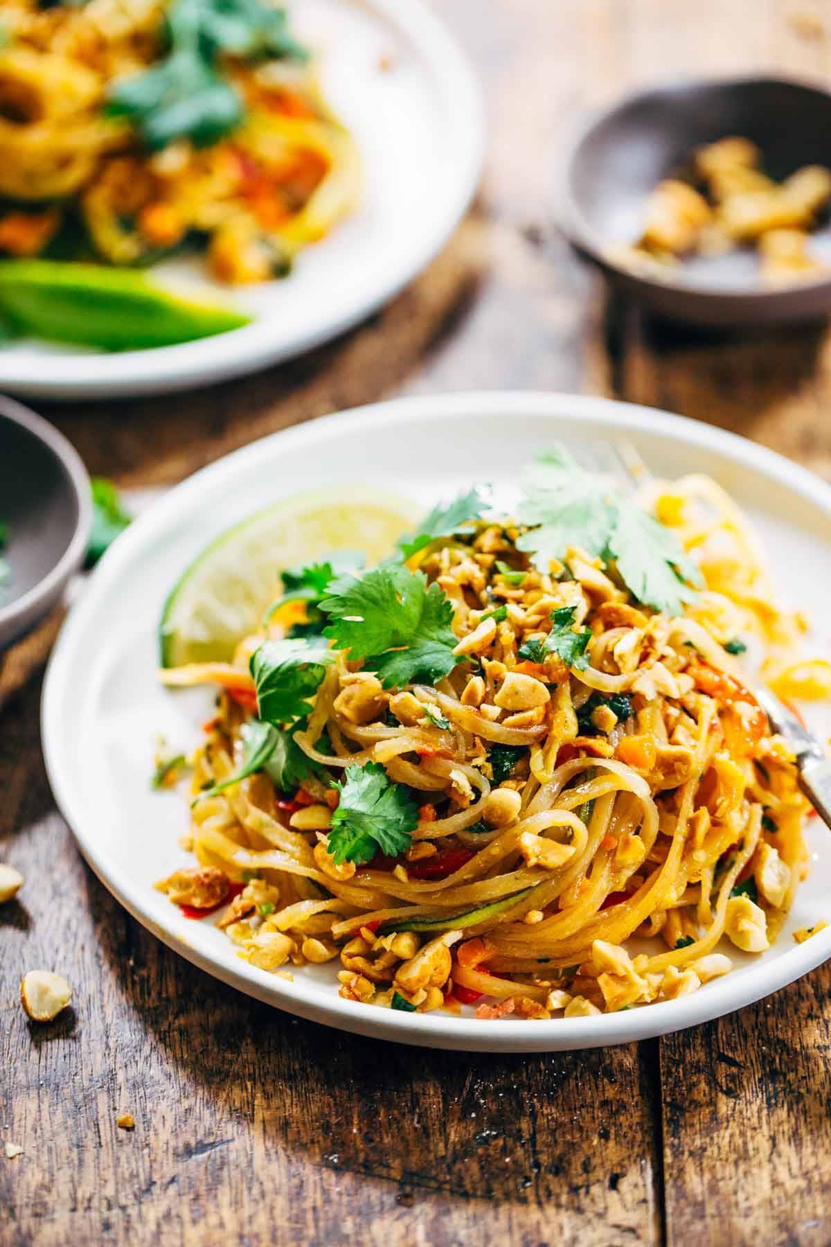 Rainbow Vegetarian Pad Thai with Peanuts and Basil Recipe - Pinch of Yum