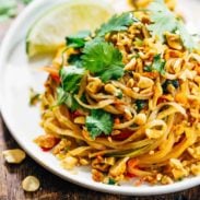 Rainbow Vegetarian Pad Thai on a plate with cilantro.