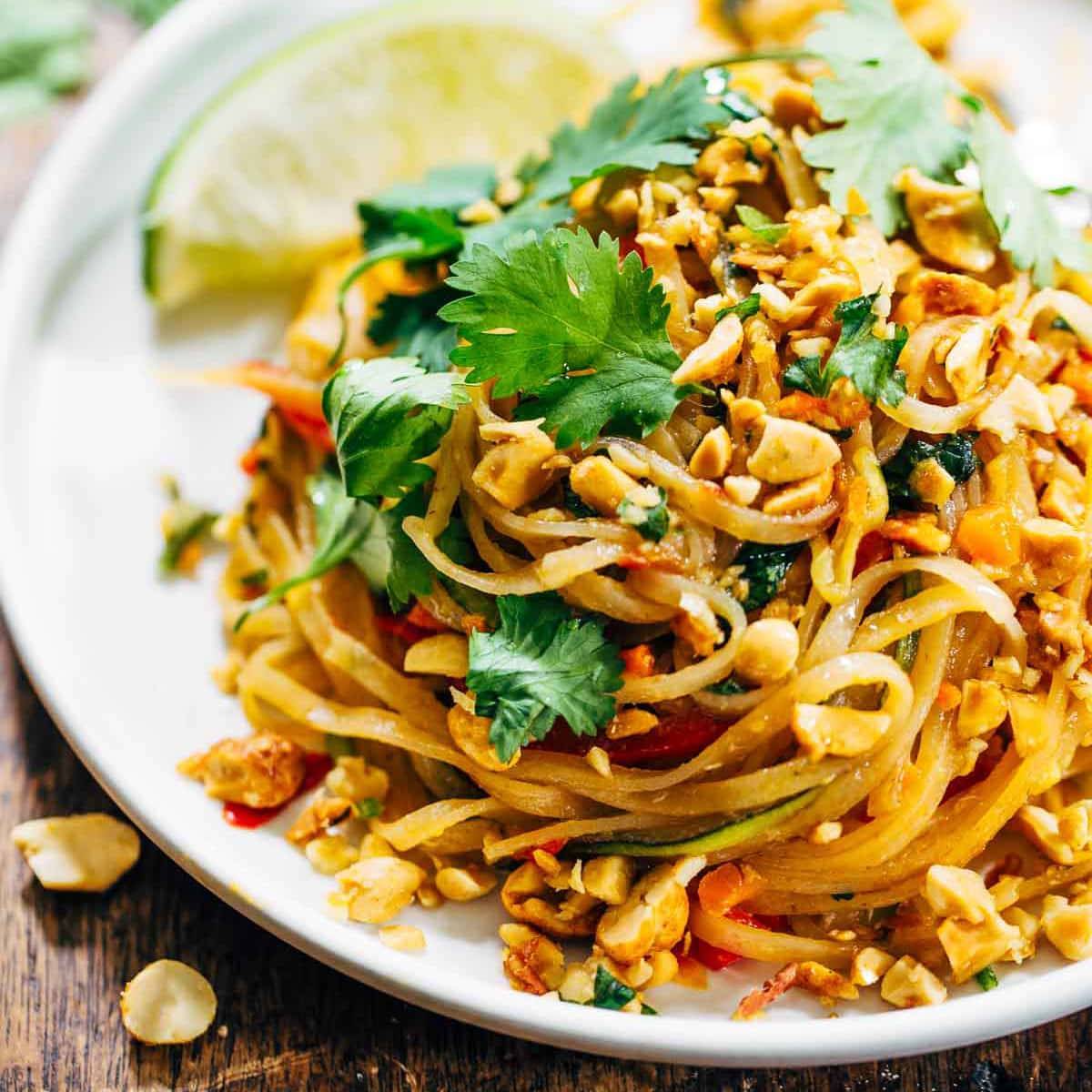 Rainbow Vegetarian Pad Thai with Peanuts and Basil Recipe - Pinch of Yum