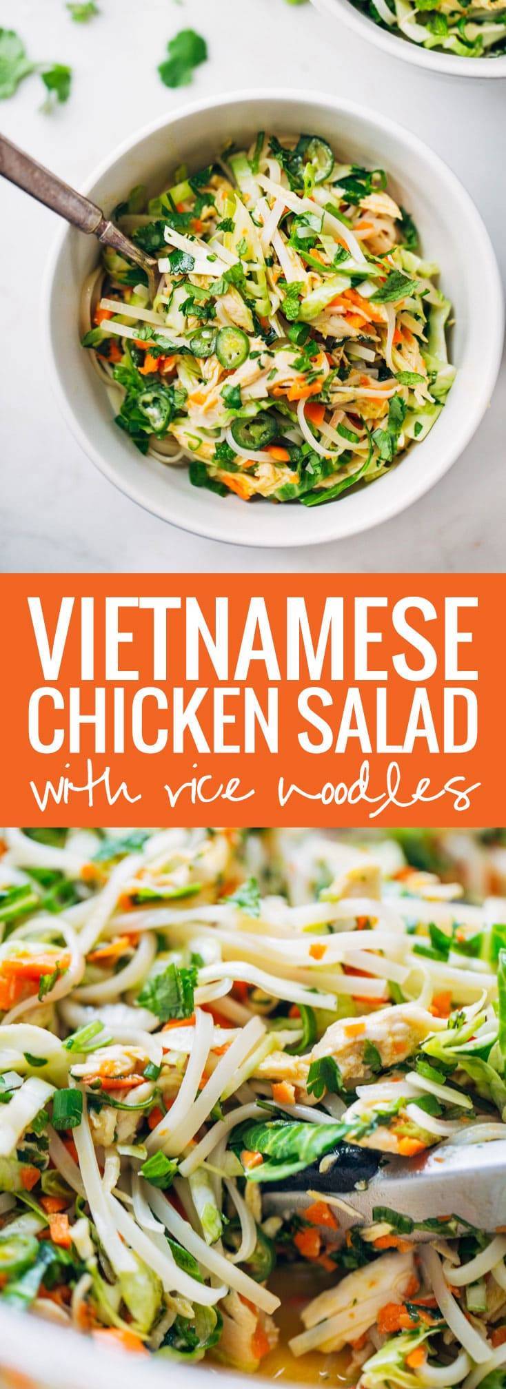 Vietnamese Chicken Salad with Rice Noodles made with chicken, cabbage, carrots, lime, mint, cilantro, and a tangy homemade dressing. 370 calories and SO good!