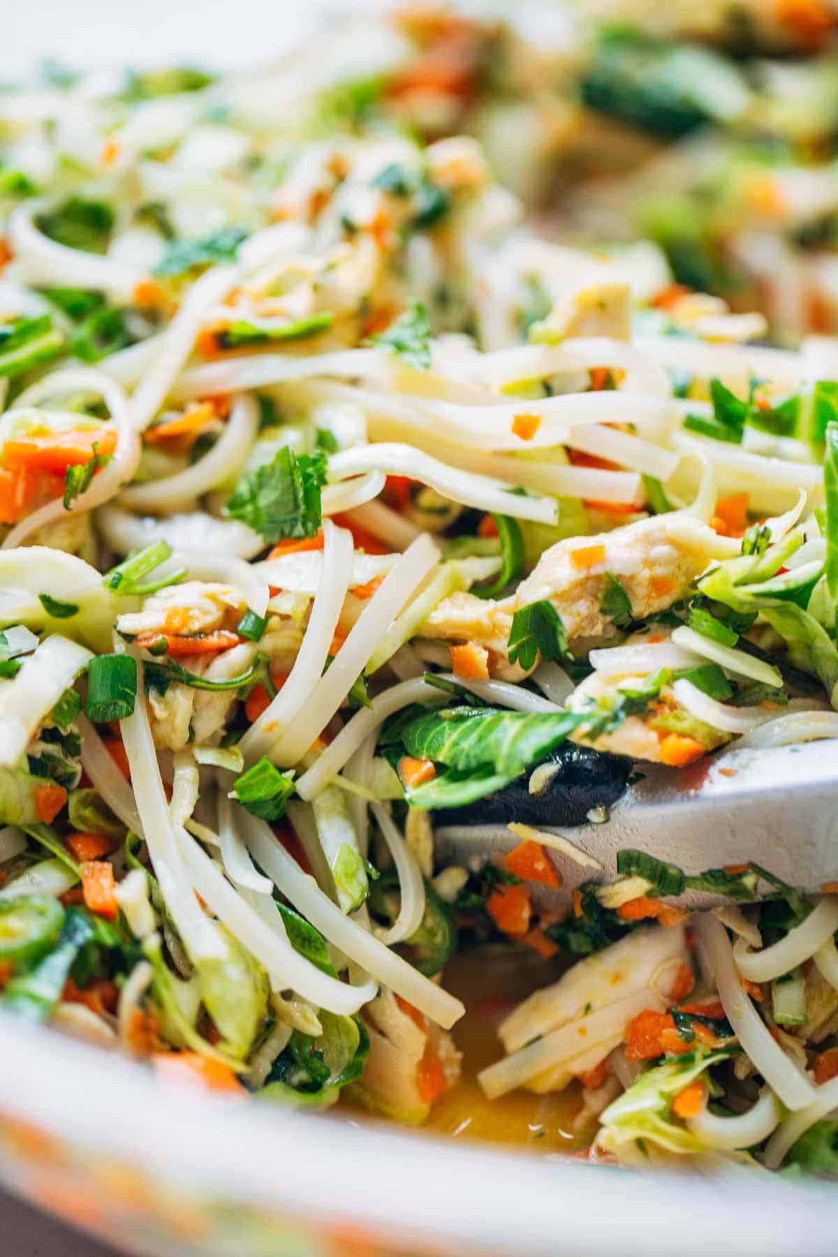 Vietnamese Chicken Salad with Rice Noodles close up.