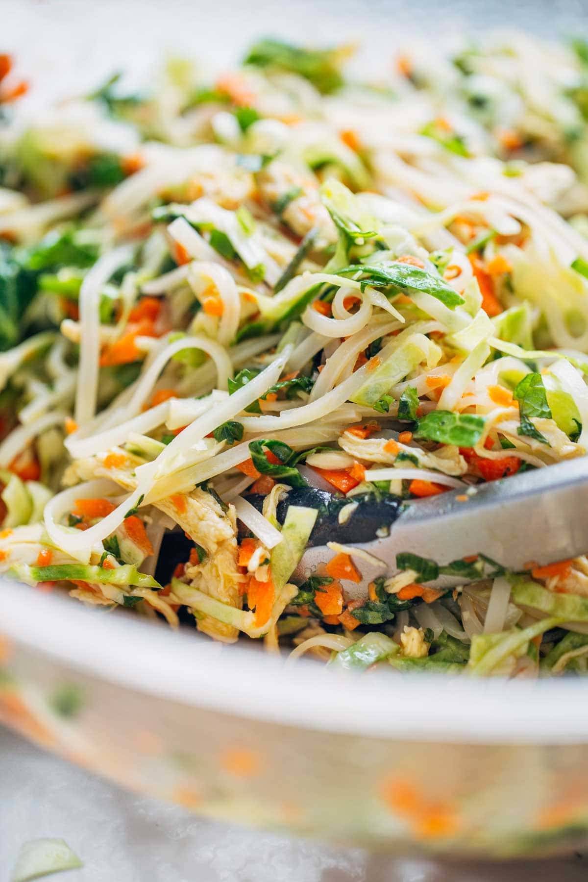 Vietnamese Chicken Salad with Rice Noodles in a bowl.